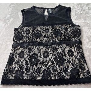 VTG Y2K New York & Company Black Floral Lace Mesh Tank Top Blouse Bow XS